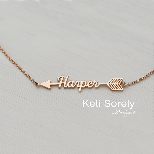 Sideways Arrow Necklace or Bracelet with Personalized Name, 10K, 14K, 18K Solid Gold, Sterling.