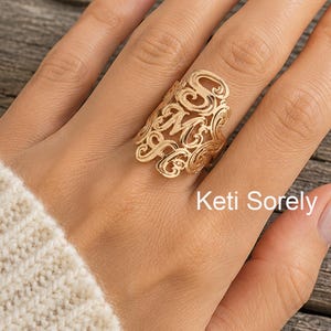 Solid Gold or Sterling Silver Large Vertical Initials Ring, Handmade, Hand Engraved Monogram.