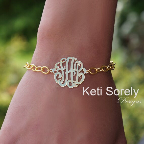 Personalized round locket bracelet with hand engraved monogram initials in  Sterling Silver, yellow Gold or Rose Gold