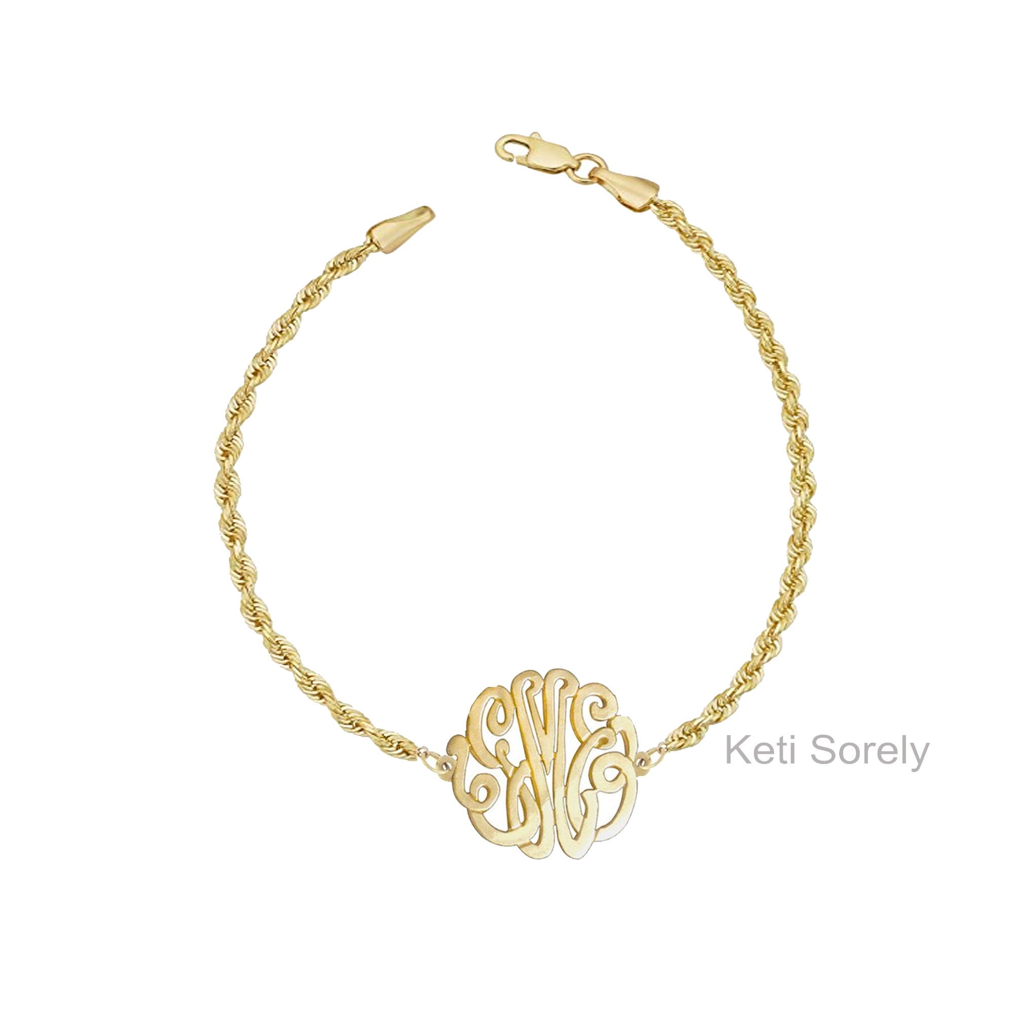 Personalized Monogram Initials Bracelet With Twisted Rope Chain in Sterling  Silver, Solid Karat Gold: 10K or 14K Yellow, Rose or White Gold.