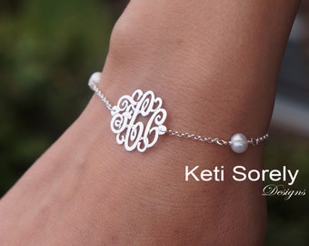 Natural Pearl Monogram Bracelet or Anklet For Wife, Sister, Daughter, Mother, Etc, Personalized Gift in Sterling Silver, Yellow or Rose Gold