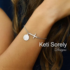 10K, 14K or 18K Solid Gold or Sterling Silver Hand Engraved Bracelet With Monogram Disc & Sideways Cross in Yellow, Rose or White Gold.