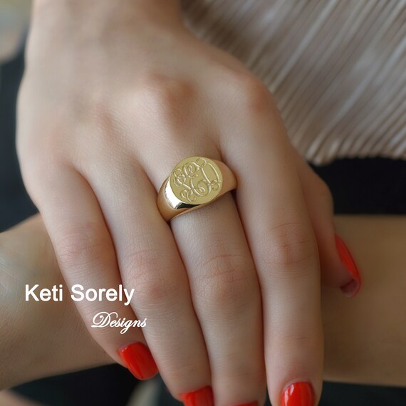 10K 14K or 18K Solid Gold Monogram Ring 