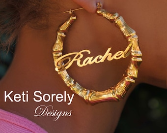 Pendientes de nombre de bambú personalizados con cualquier nombre, pendientes de aro de aldaba de puerta de oro amarillo, rosa o blanco, pendientes de moda para mujer o niña