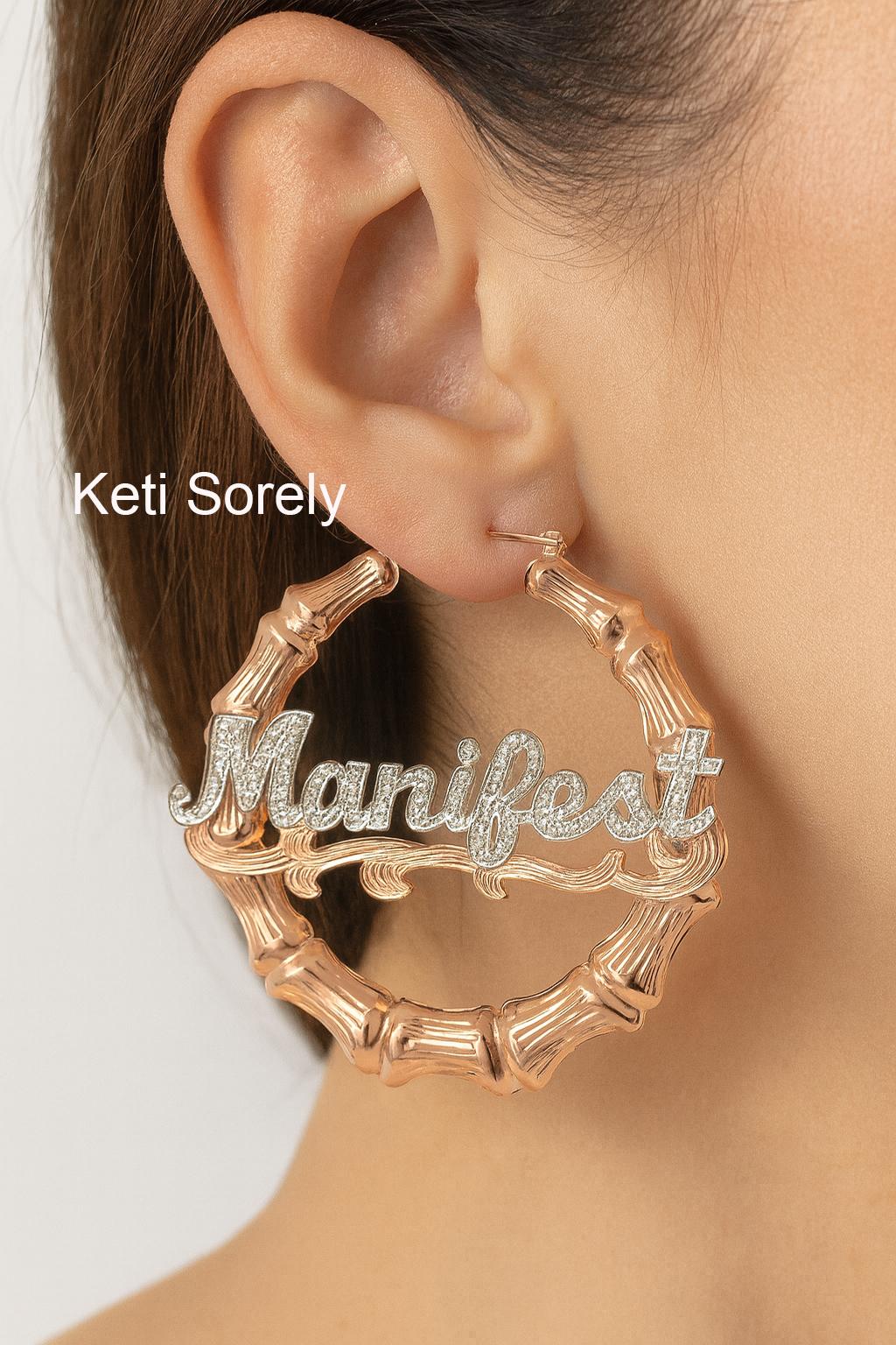 Personalized Large Bamboo Hoop Earrings With Your Name in Diamond