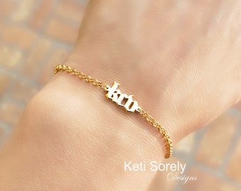 10K, 14K or 18K solid Gold or Sterling Silver Gothic Initials Bracelet or Anklet With Rolo Chain, Yellow Gold, Rose Gold or White Gold