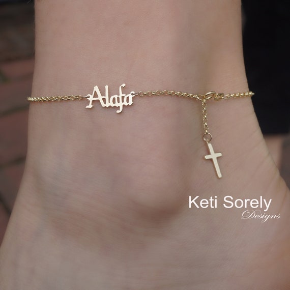 Personalized Name, Date or Initials Lariat Style Cross Anklet in  10K or 14K Gold, Sterling Silver or 14K Gold Filled