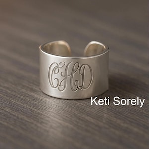 10K, 14K Solid Gold or Sterling Silver Hand Engraved Monogram Initials Ring  Cuff Ring in Sterling,  Yellow, Rose or White Gold for Woman.