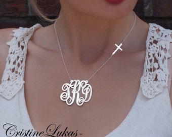 Monogram Initials Necklace with Sideways Cross - Personalized Swirly Initials Necklace - Sterling Silver, Yellow Gold or Rose Gold