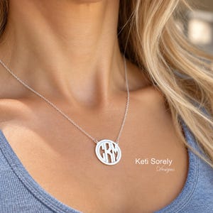Round Modern Monogram Initials Necklace, Block Letters, Sterling Silver or Solid Gold Personalized Gift.