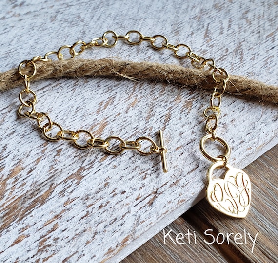 Monogram Charm Bracelet With Toggle Clasp And Heart Charm - Large Chain  with Tiffany Style Heart- Silver, Yellow Gold or Rose Gold