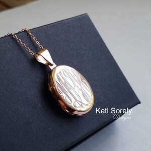Engraved Oval Locket Necklace in Sterling Silver, Yellow Gold or Rose Gold, Monogram Initials Photo Locket, Engrave Message On Back image 3