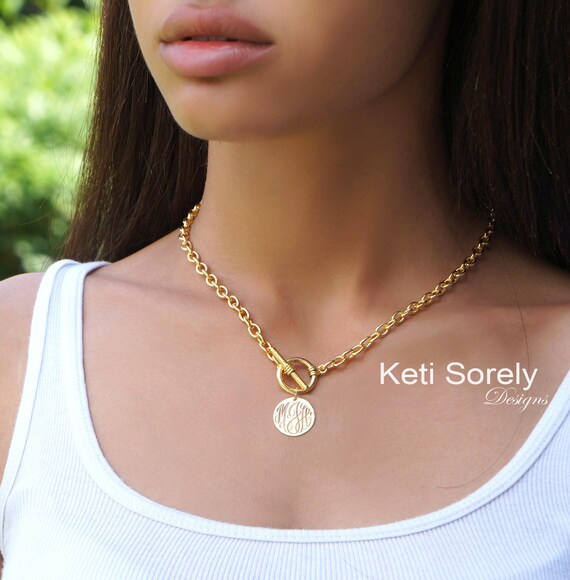 Engraved Monogram Initials Disc Necklace With Large Link Chain Toggle Clasp Round Disc Monogram in Silver Yellow or Rose Gold