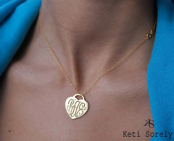 Engraved Heart Monogram Pendant, Customize It with Your Initials,  Personalized Lock Pendant in Sterling Silver, Yellow Gold or Rose Gold