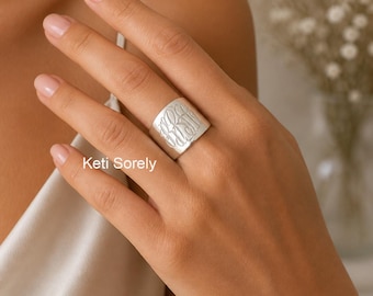 Hand Engraved Monogram Cuff Ring with Your Initials in Solid Gold or Sterling Silver
