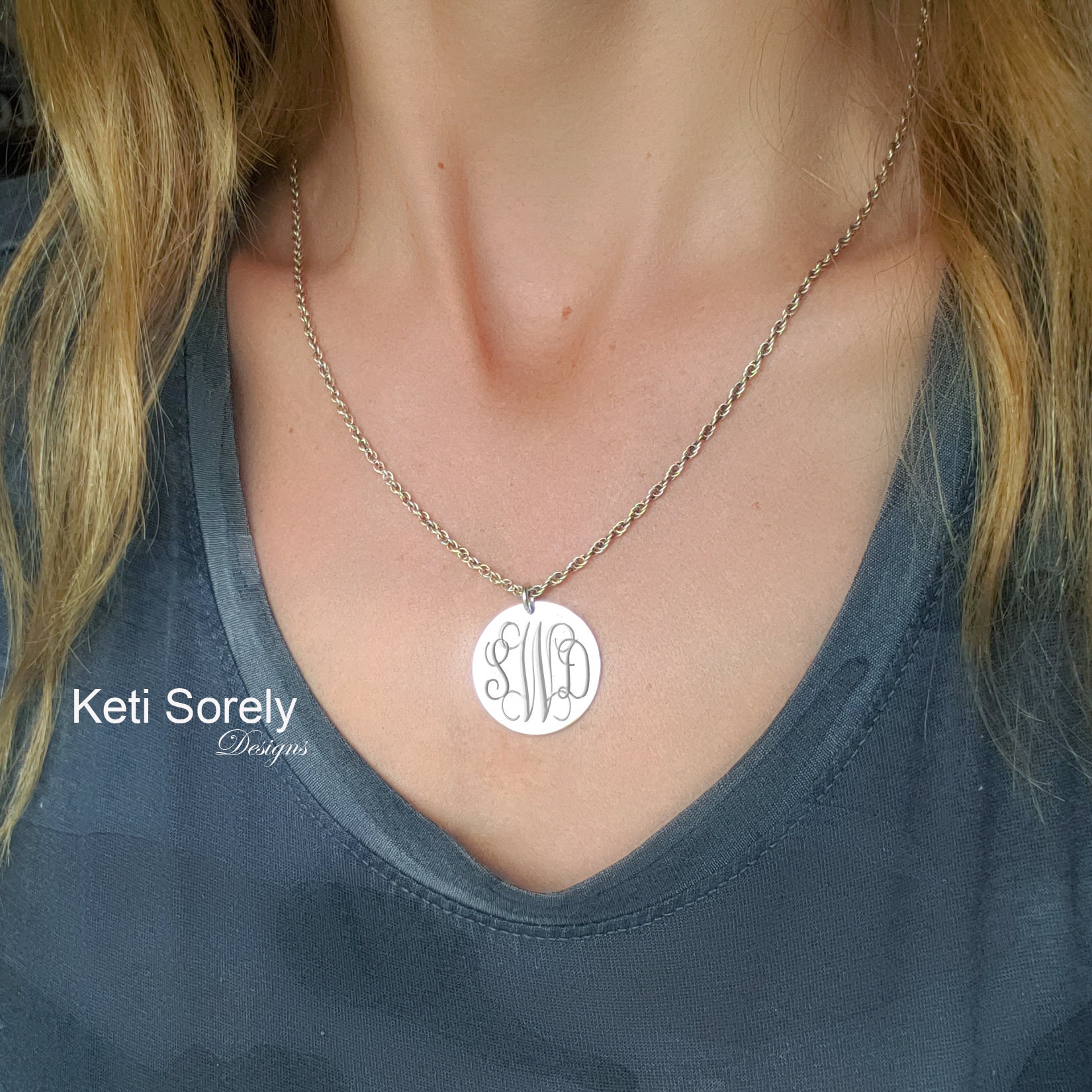 Monogram Initials Disc Necklace in Sterling Silver With Cable Box