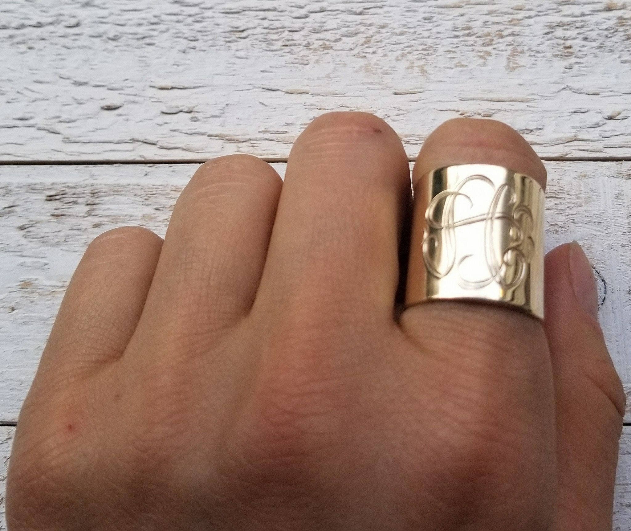 10K, 14K or 18K Engraved Large Monogram Tube Ring with Your Initials, Large Band in Yellow, Rose or White Gold For Everyday Wear.