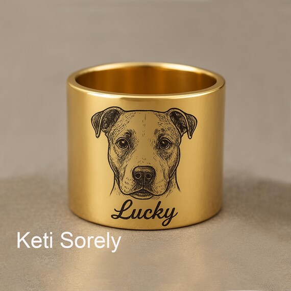 Personalized Pet Portrait Tube Ring With Your Dog or Cat Name in - Main Image