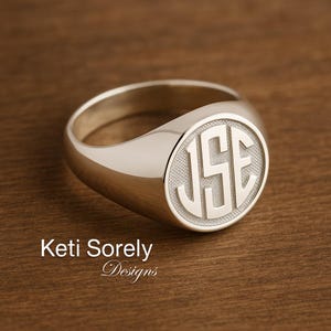 Sterling Silver or 10K, 14K or 18K Solid Gold Signet Ring for Man or Woman. Unisex Signet Ring With Personalized Modern Monogram Initials.