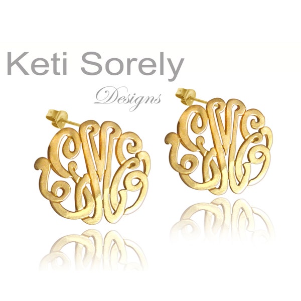 10K, 14K Solid Gold or Silver Personalized Handmade Script Monogram Initials Earrings, Stud Earrings -  Yellow, Rose or White Gold