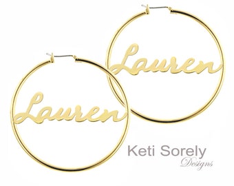 Personalized Name Hoop Earrings (Order Any Name) - Large Hoops in Yellow Gold, Rose Gold Or Sterling Silver