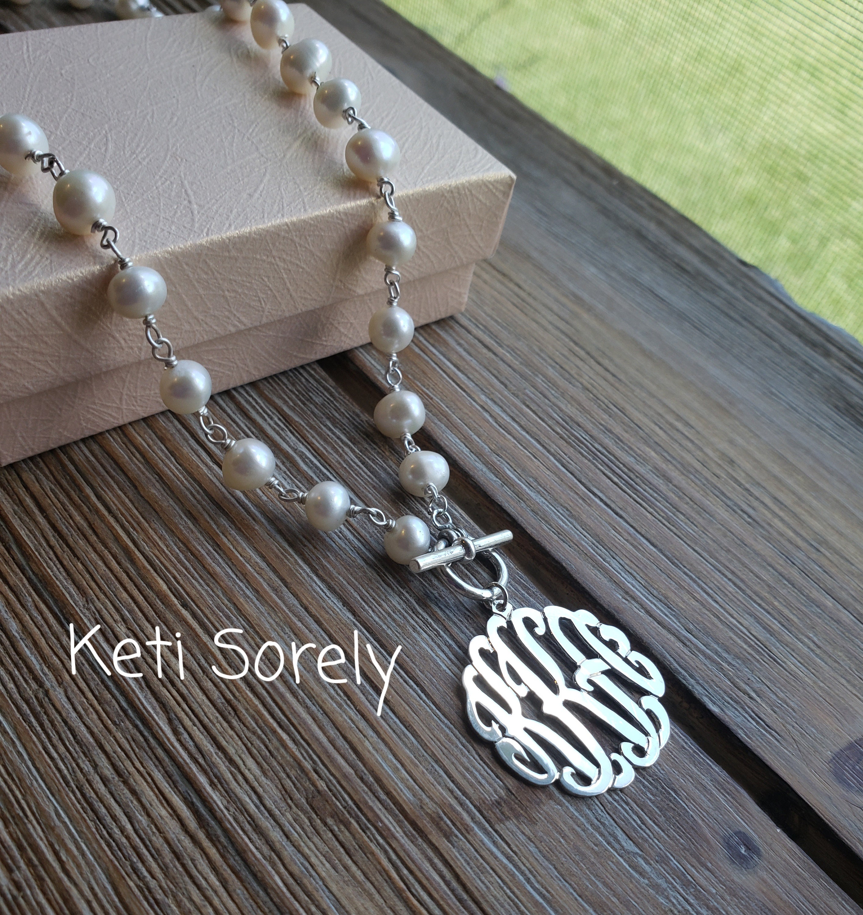 Pearl Necklace with Monogrammed Initials Charm - Freshwater White Pearls And Toggle Clasp, Sterling Silver, Yellow Gold, Rose Gold