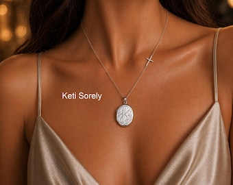 Oval Monogram Locket With Hand Engraved Initials and Cross, Personalized Photo Locket.
