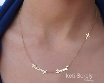 Family Name Necklace with Sideways cross - Personalize It with Names - Yellow, Rose Gold and Sterling Silver - Religious Jewelry With Names