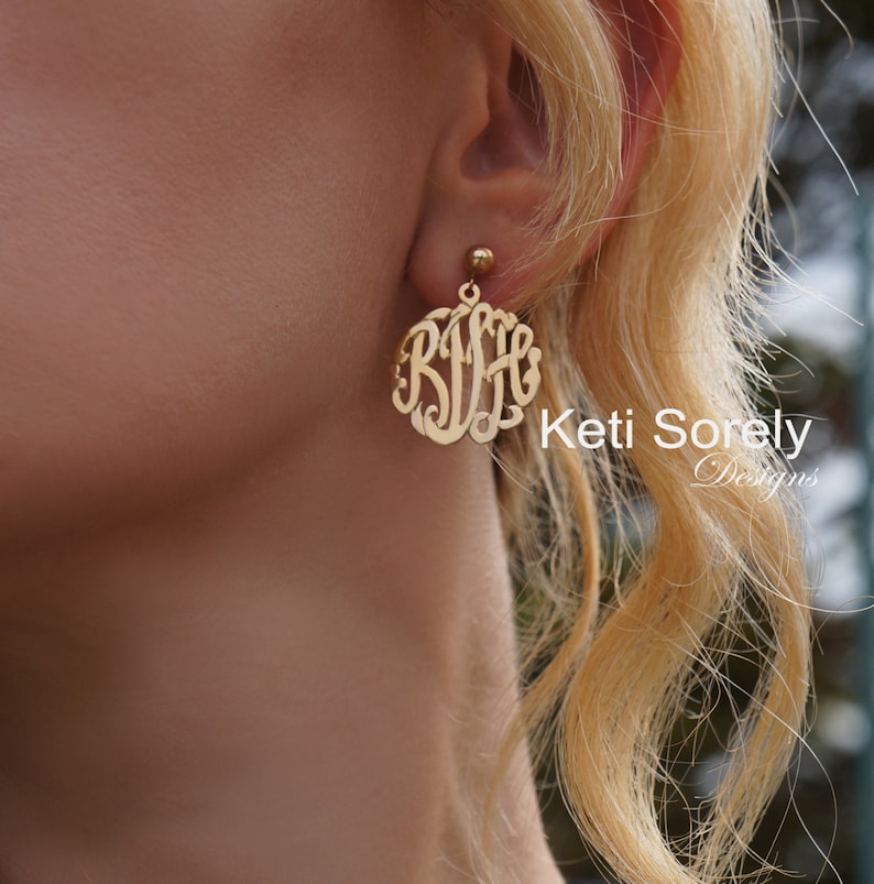 Personalized Monogram Earrings, Name Initial Earrings, Small to Large Sizes in Yellow Gold, Sterling Silver or Rose Gold image 1