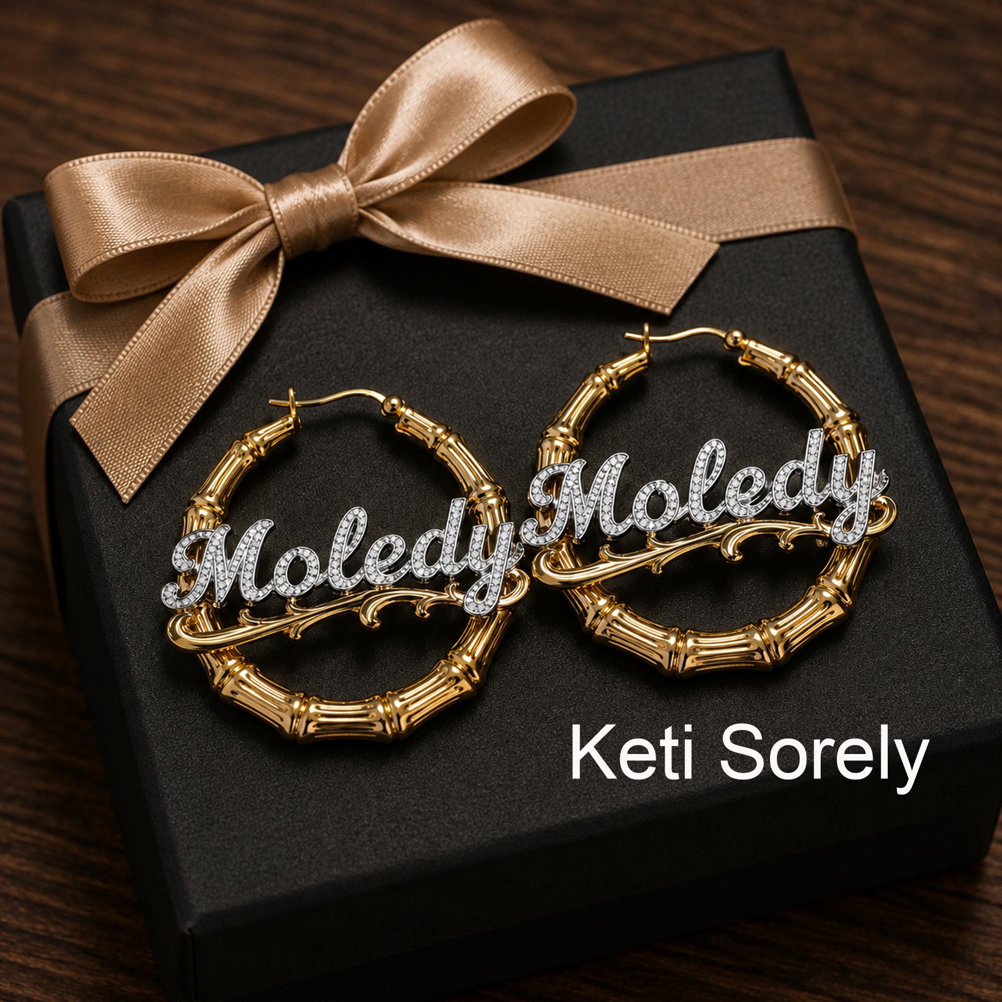Personalized Large Bamboo Hoop Earrings With Your Name in Diamond