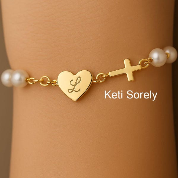 White Pearl Bracelet With Personalized heart & Cross, Freshwater Pearls in Sterling Silver, Yellow or Rose Gold, Engrave Any Initial.