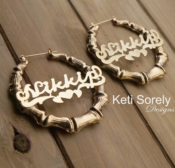 Large Bamboo Earrings With Your Name Large Hoop Earrings With