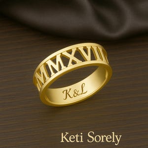 10K, 14K or 18K Solid Gold Unisex Band with Personalized Roman Numerals Date, Engrave Name, Initials or Word Inside, Order His & Her Rings.