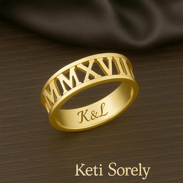 10K, 14K or 18K Solid Gold Unisex Band with Personalized Roman Numerals Date, Engrave Name, Initials or Word Inside, Order His & Her Rings.