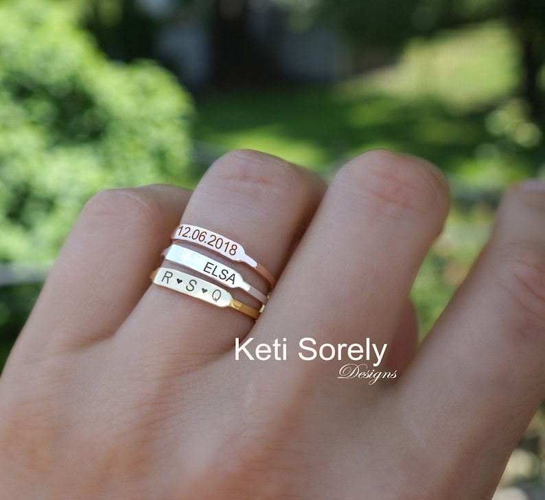 Engraved Stacking Ring With Name, Date or Initials in Sterling, Yellow or Rose Gold, Create your Family Ring Set, Personalized Bar Ring. image 1