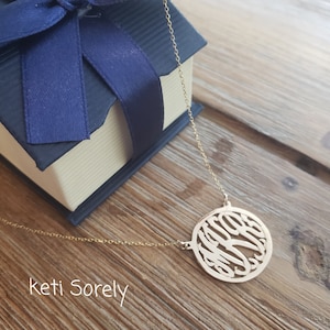10K Solid Gold Mini Monogram Necklace  With Round Frame, Personalized Initials Charm Necklace, Order Any Initials.