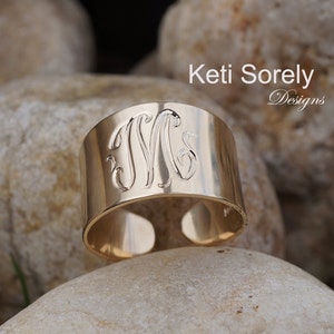 10K, 14K Solid Gold or Sterling Silver- Hand Engraved Monogram Ring, Initials Ring,  Cuff Ring(Order Any Initials) - Yellow, Rose or White