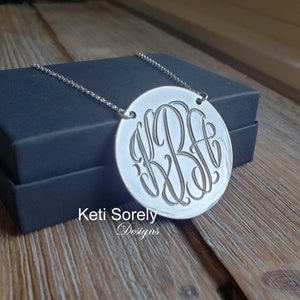 Monogram Initials Disc In Sterling Silver - Monogrammed Disc Necklace Small to Large Sizes, Sterling Silver, Yellow or Rose Gold.
