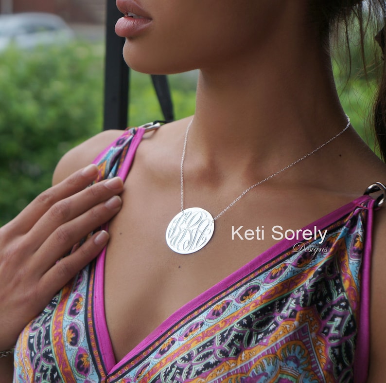 Monogram Initials Disc In Sterling Silver Monogrammed Disc Necklace Small to Large Sizes Order Any Initials Sterling Silver image 1