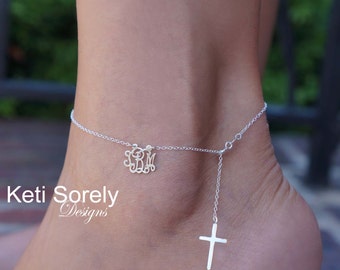 Personalized Initials Anklet With Cross - Swirly Monogram Charm (Order Any Initials) in Sterling Silver, Yellow Gold or Rose Gold