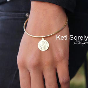Custom Engraved Slide On Bangle With Monogram Charm, Order Any Initials in Sterling, Yellow or Rose gold, Engrave Name or Date on Back.