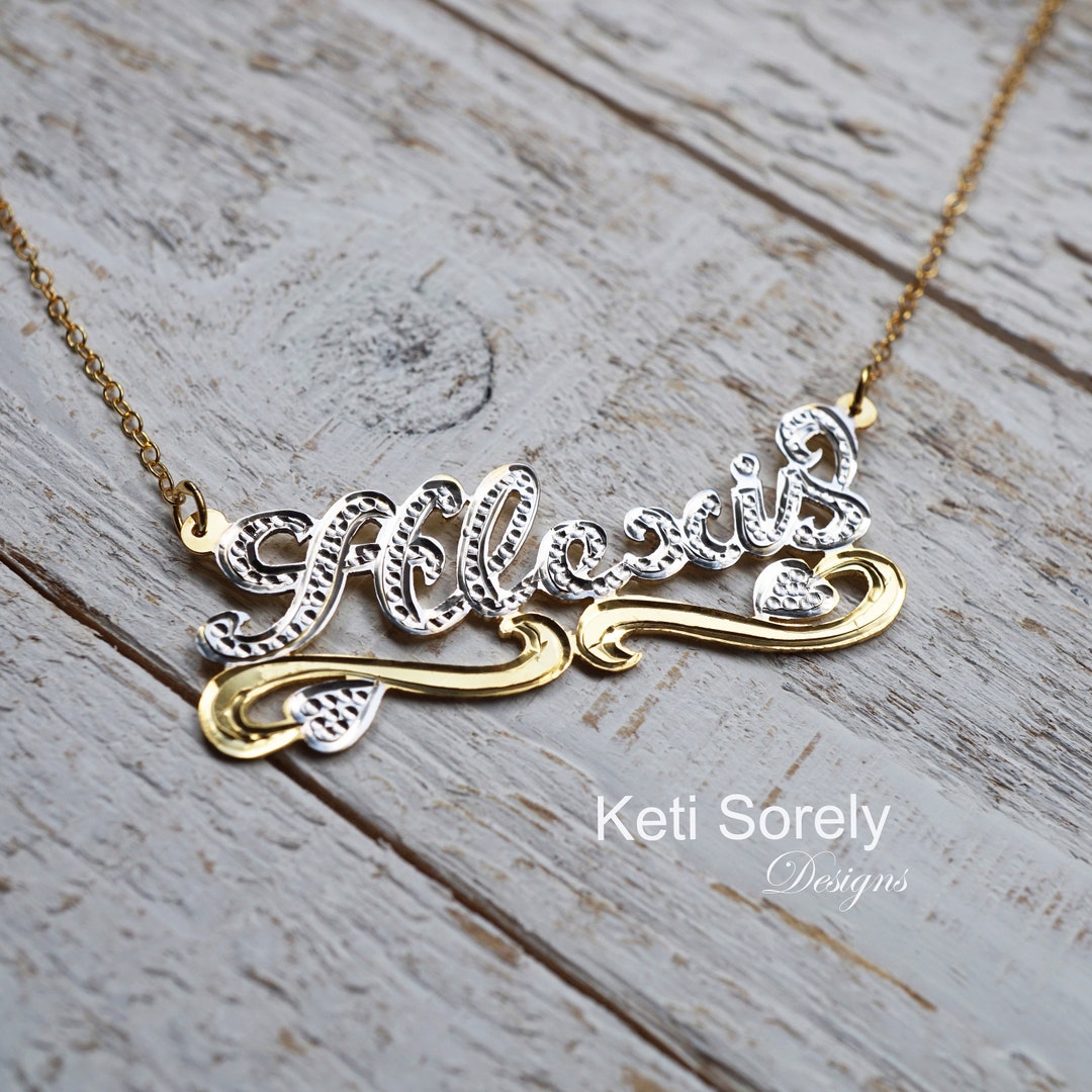 Personalized Nameplate Necklace With Diamond Beading, Two Tone Bling