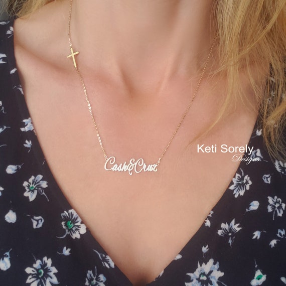 Sterling Silver Name Necklace 14 Inches Personalized with Names Sideways Name Cross Necklace Sterling Silver Name Necklace 14 Inches Personalized with Names Sideways Name Cross Necklace