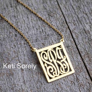 Modern Style Handmade Rectangle Monogram Necklace With Personalized Initials, Sterling Silver, Yellow or Rose Gold.