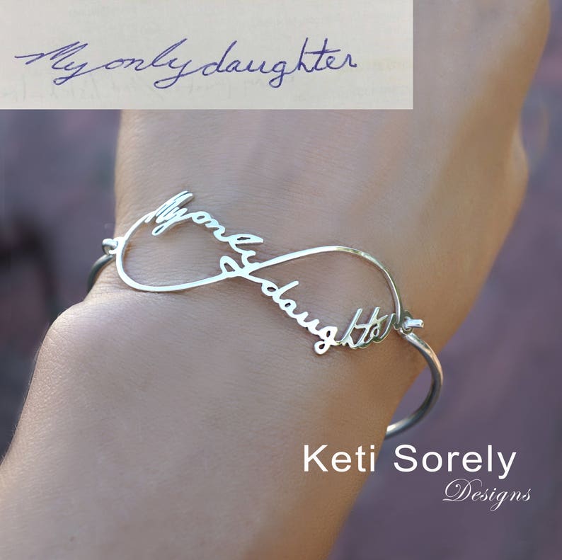Signature Bangle Infinity Bangle with Your Handwriting Message Rose Or White Name Bangle Sterling Silver or Solid Gold: Yellow