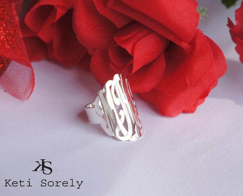 Script Monogram 18K Gold or Sterling Silver Silver Large Monogram Ring 1 14K Gold Initials Ring 10K Gold Personalized Ring