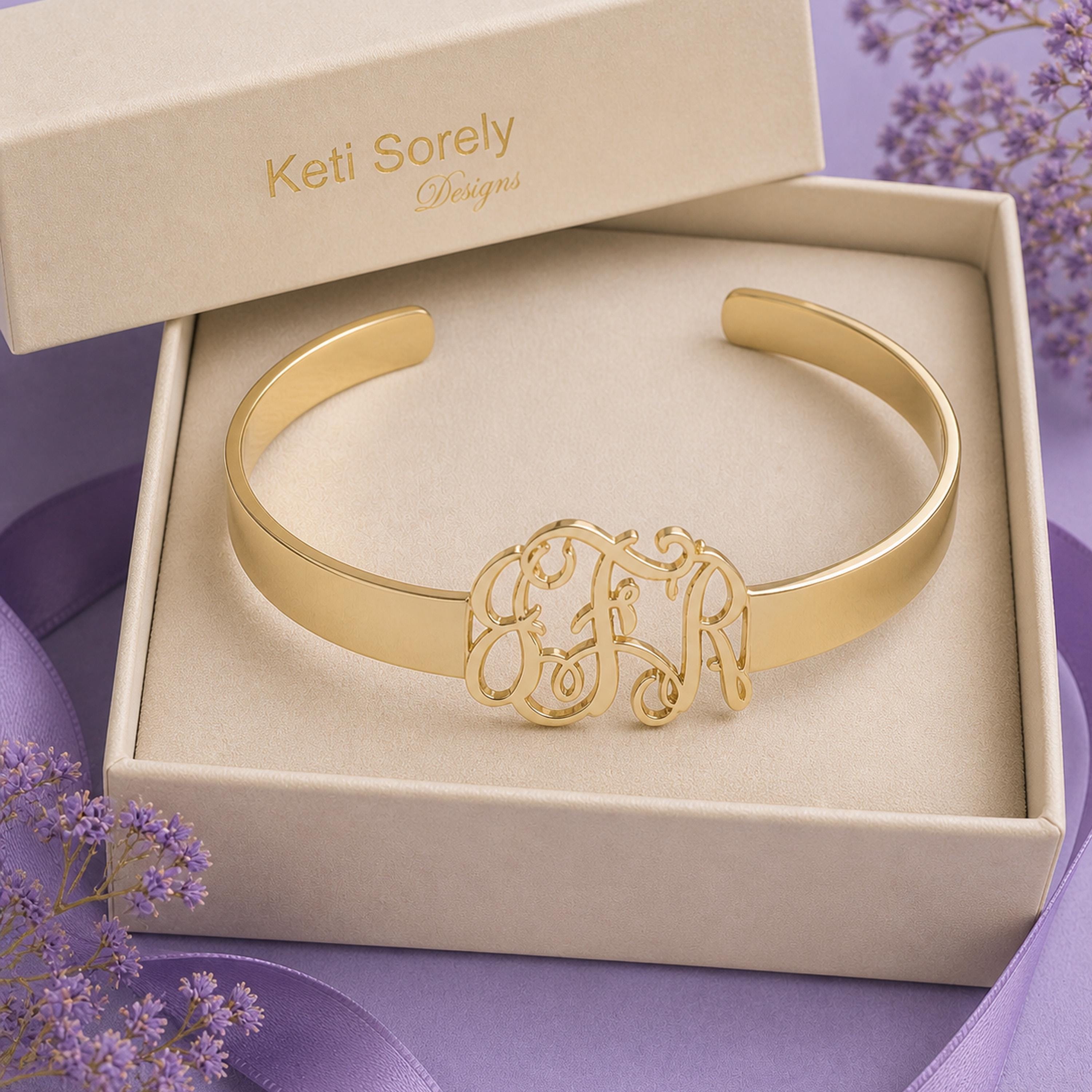 Handmade Cuff Bangle With Monogram Initials in Sterling Silver, Yellow ...