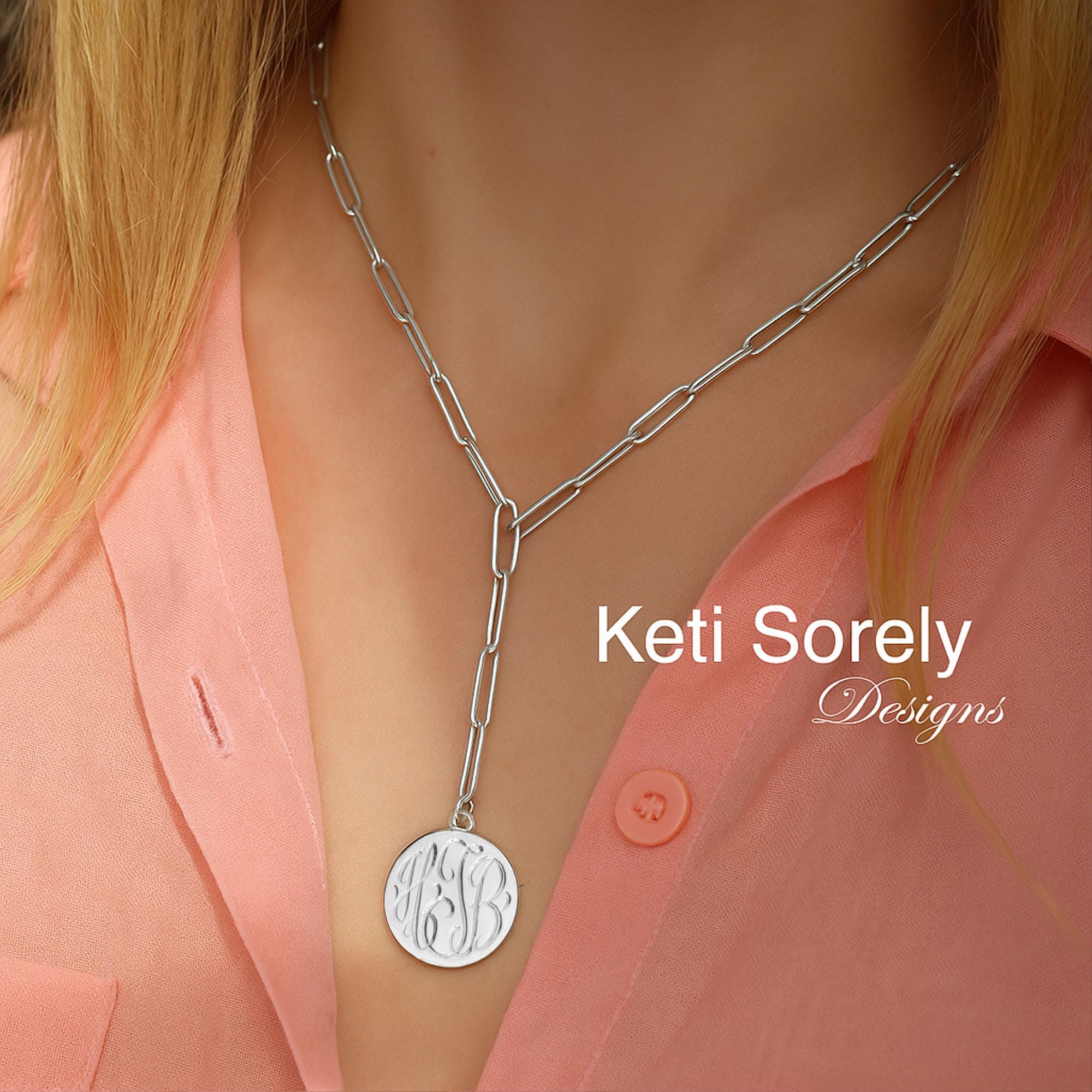 Hand Engraved Small Monogram Disc Necklace With Paperclip Lariat Chain ...