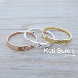Engraved Stacking Ring With Name, Date or Initials in Sterling, Yellow or Rose Gold, Create your Family Ring Set, Personalized Bar Ring. image 2
