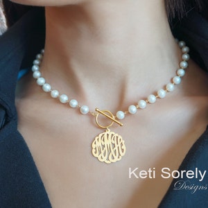 Pearl Necklace with Monogrammed Initials Charm - Freshwater White Pearls And Toggle Clasp, Sterling Silver, Yellow Gold, Rose Gold